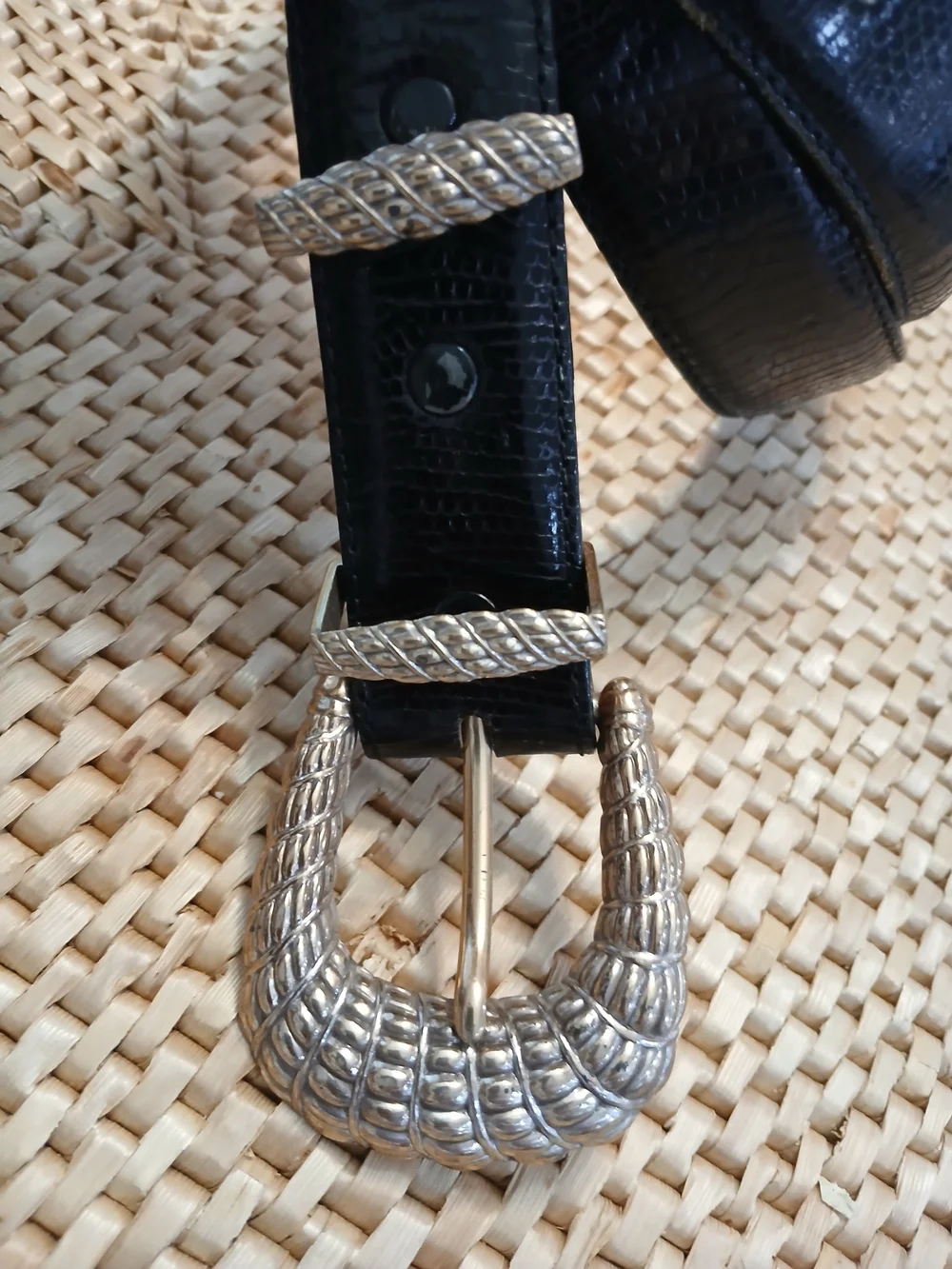 Onyx Black Leather Belt with Textured Gold-Tone Buckle Accents